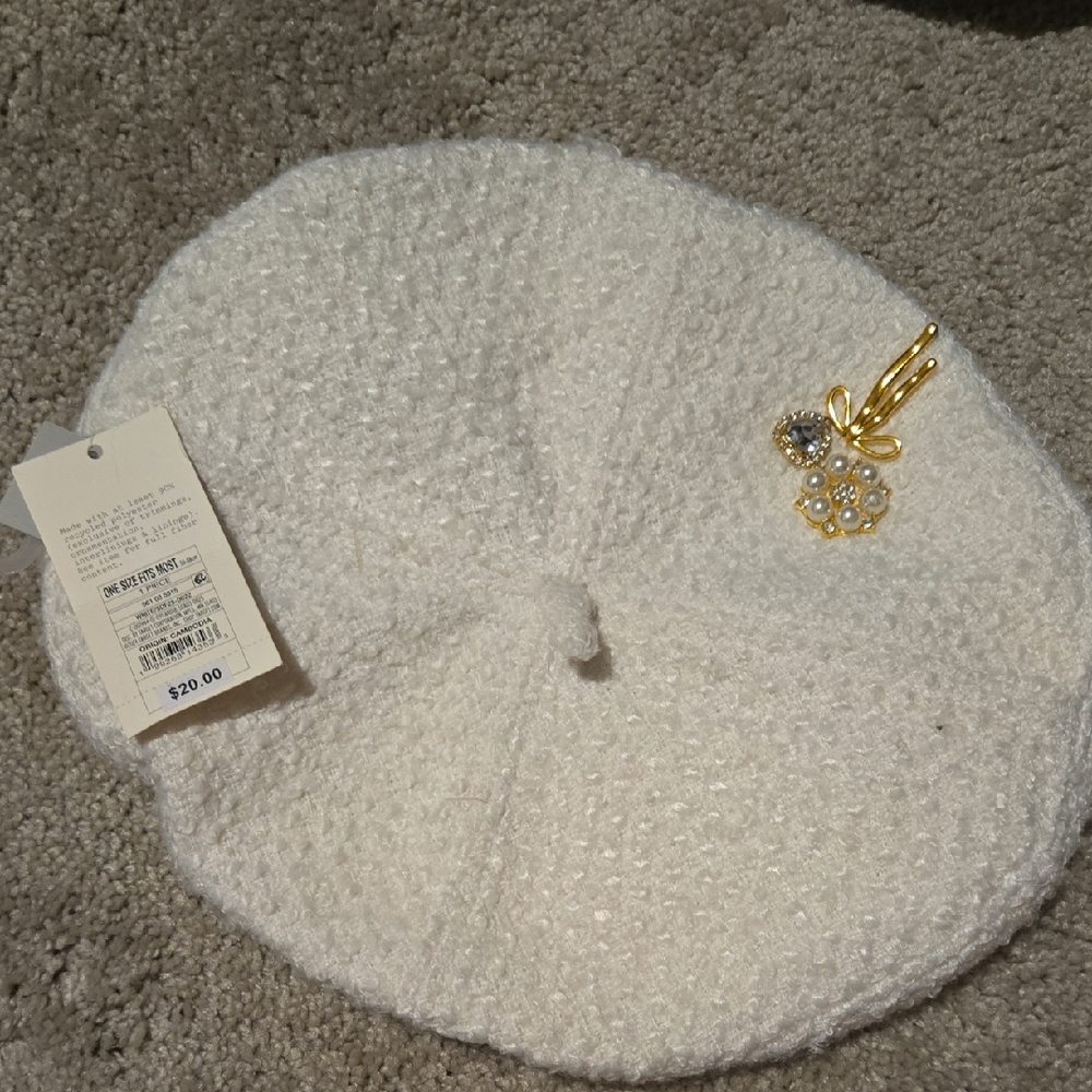 a new day White Bouclé Beret with Gold Floral Pin, New